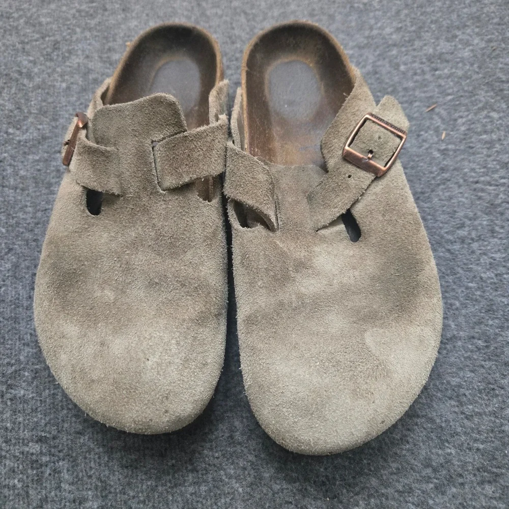 Birkenstock Boston Clogs Women 38 Taupe Suede Leather Mules Granola - Picture 2 of 10
